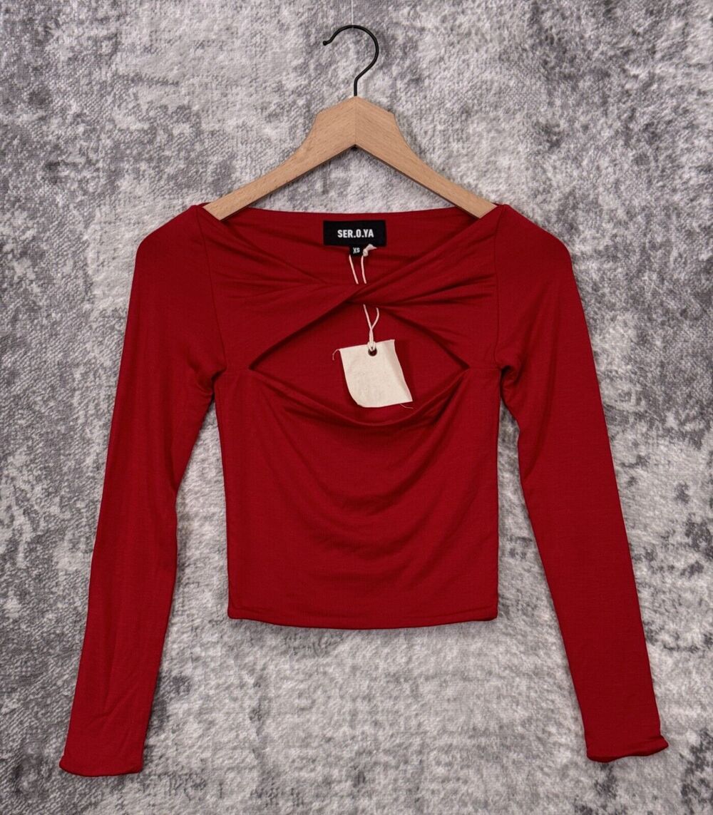 New SER.O.YA Top XS Womens Red Ellis Twisted Front Long Sleeve Crop Cherry Red